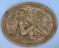 Wooden relief painting – woman by the sea with ship, oval frame