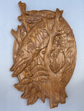 Wooden relief painting – pike and frog among aquatic plants, oval panel