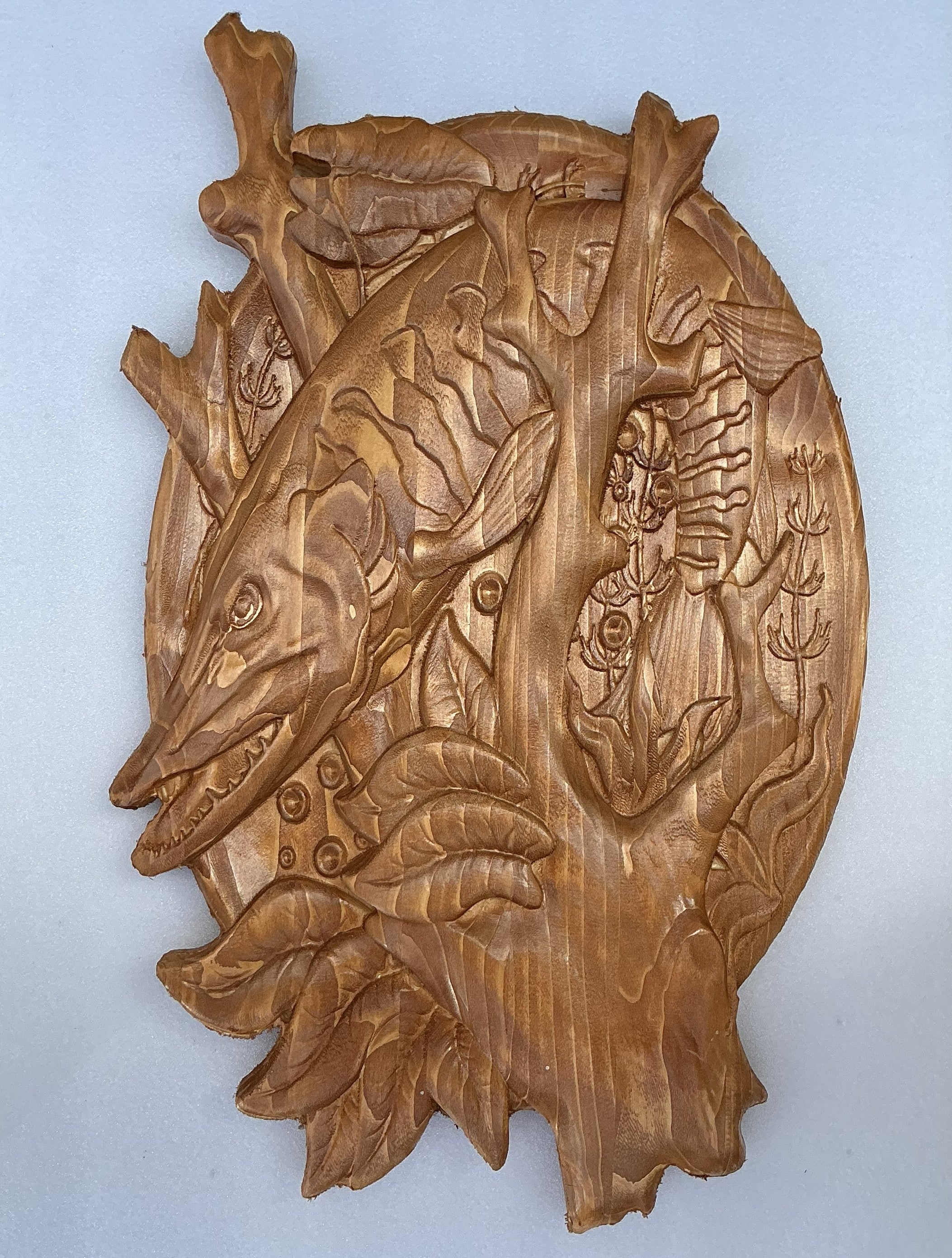 Wooden relief painting – pike and frog among aquatic plants, oval panel